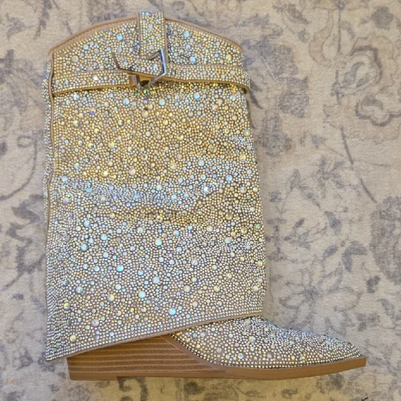 Steve Madden Gold Crystal Embellished Mid-Calf Boot - Picture 1 of 2